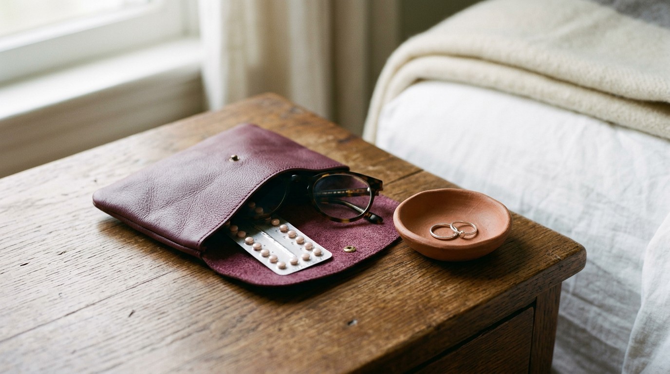Contraceptive pill packet on a bedside table, the method that hides the last period entirely