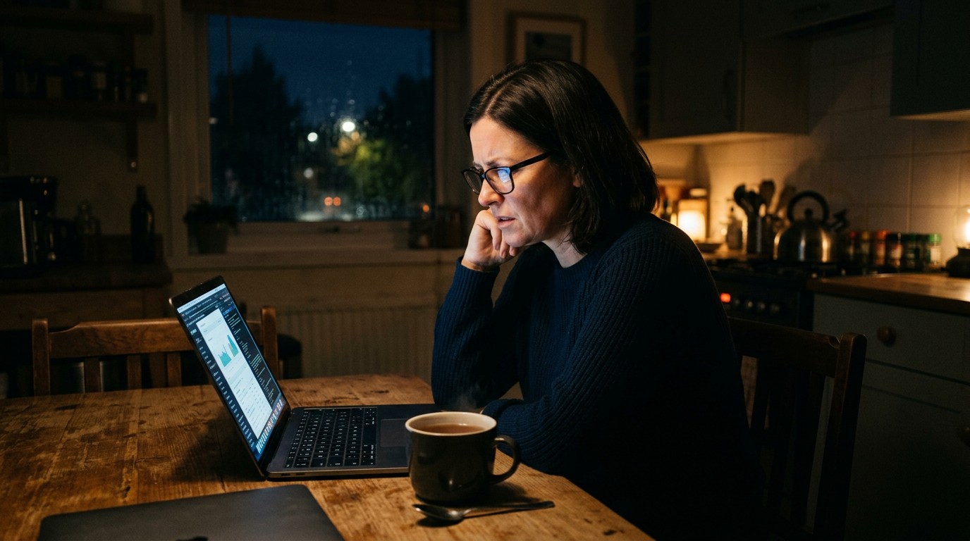 Woman in her forties reading forum threads at night about when contraception can stop
