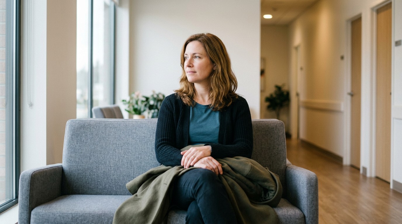 Woman in her forties waiting for a clinic appointment about cramps during menopause with no period.