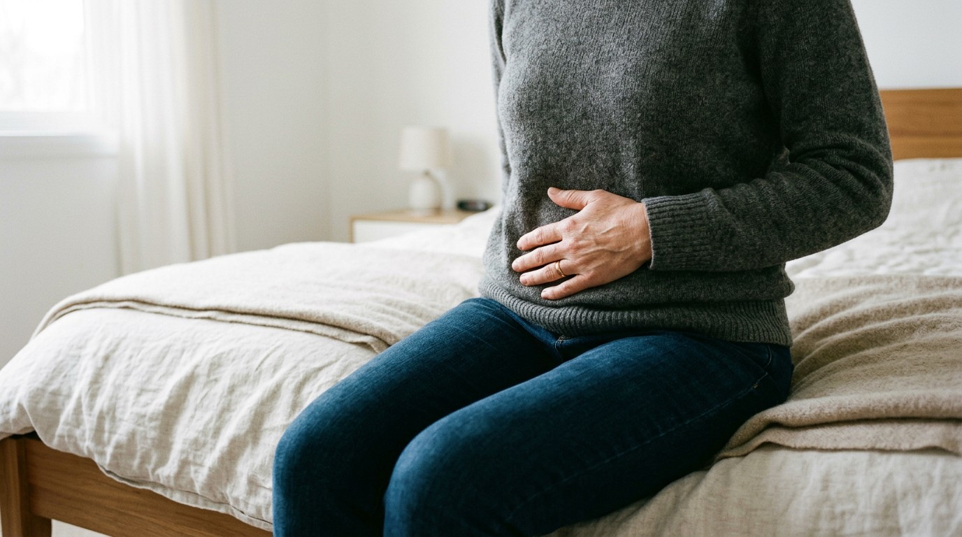 Hand resting on the lower abdomen, the everyday shape of cramps during menopause with no period.
