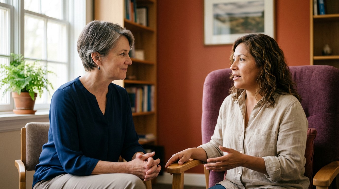 A woman discusses her concerns about perimenopause and bleeding after intercourse with a supportive female doctor.