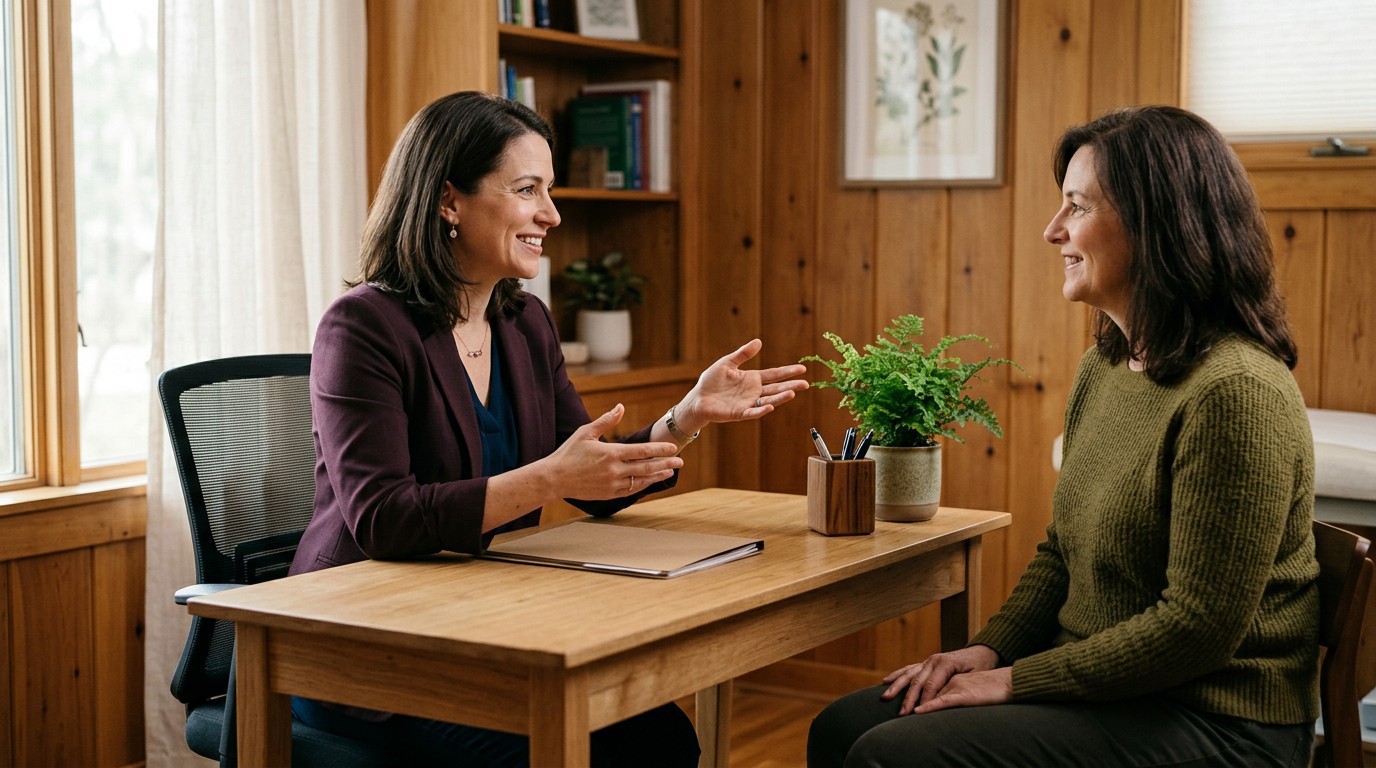 Doctor talking a patient through the tests for bleeding after menopause in a consultation room