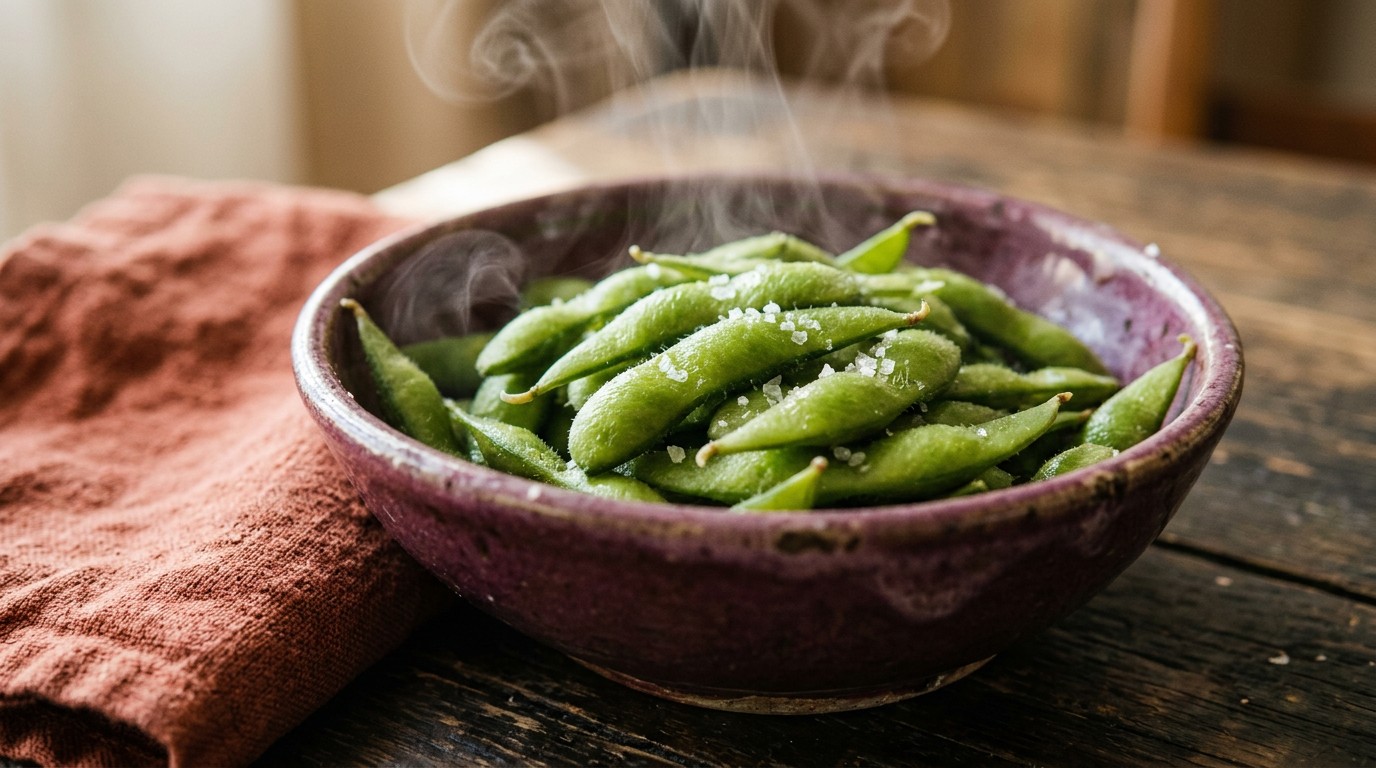 A ceramic bowl of steamed edamame illustrating whole foods in perimenopause and diet discussions.