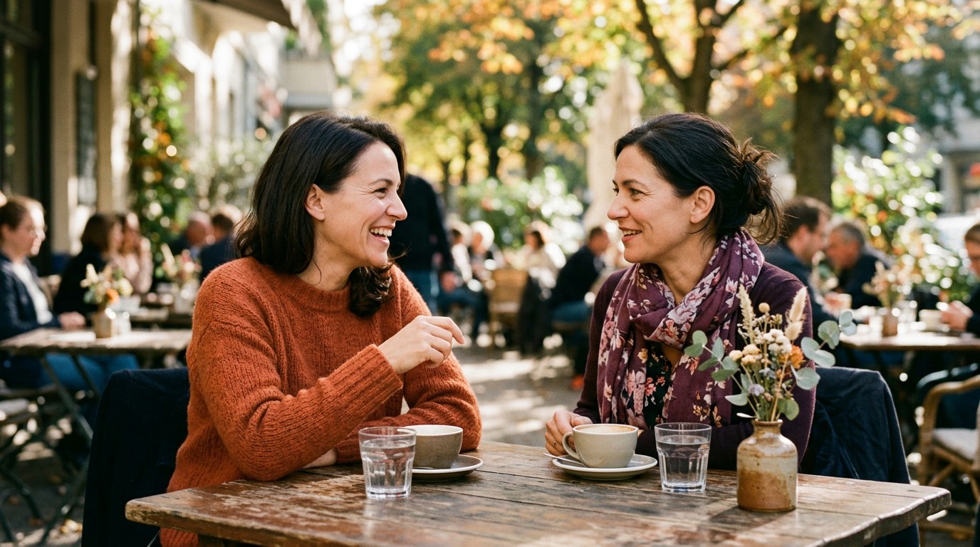 Two women in their forties talking at a cafe about hot flashes during period in 40s