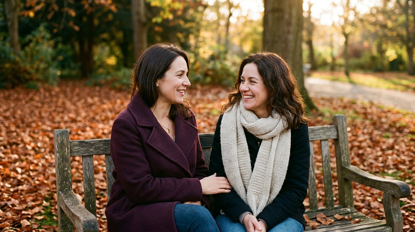 Two friends talking on a park bench about peer support and treatment of irregular cycle.