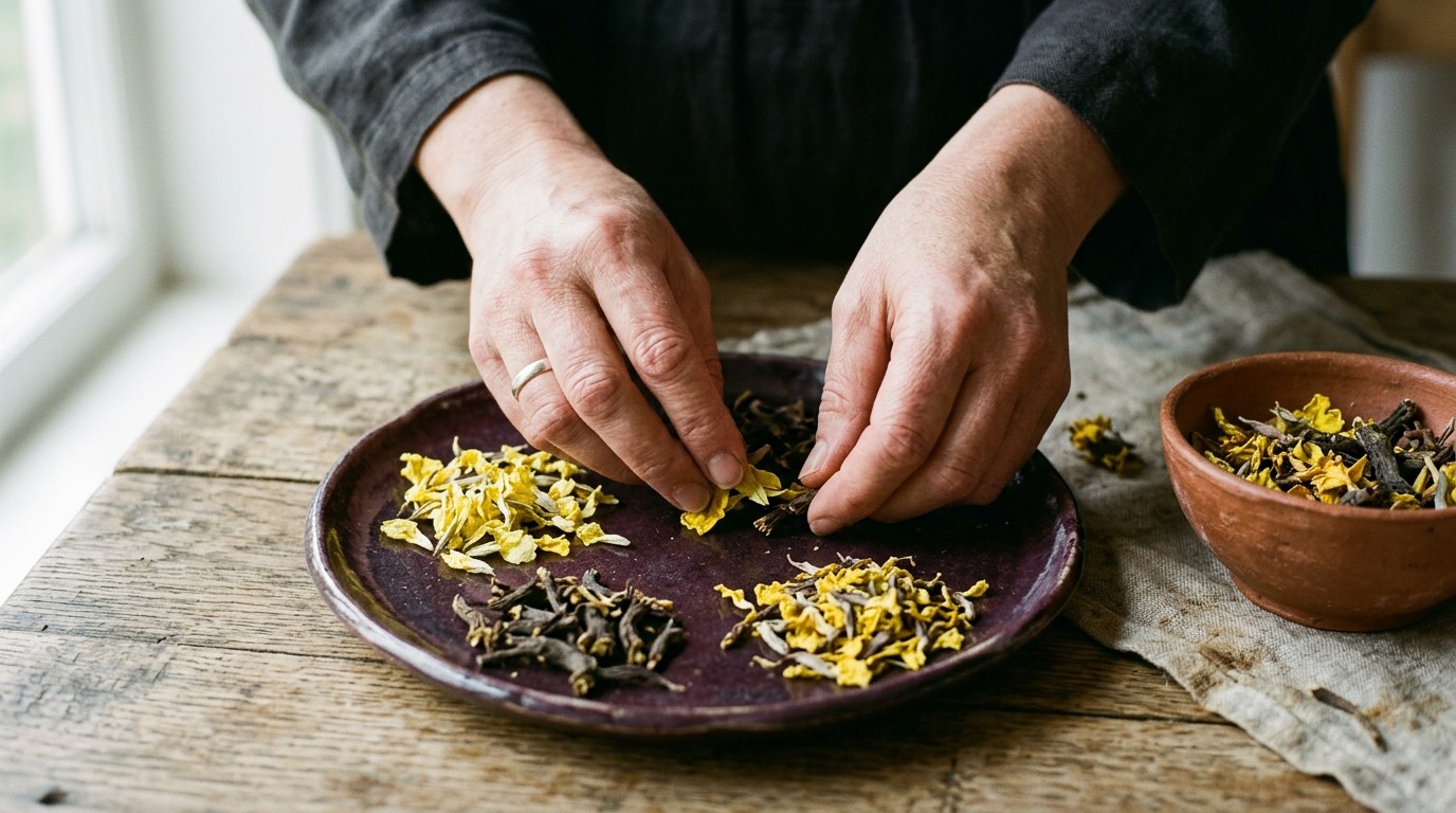 Hands sorting dried petals and roots, the herbs sold as natural relief for hot flashes.