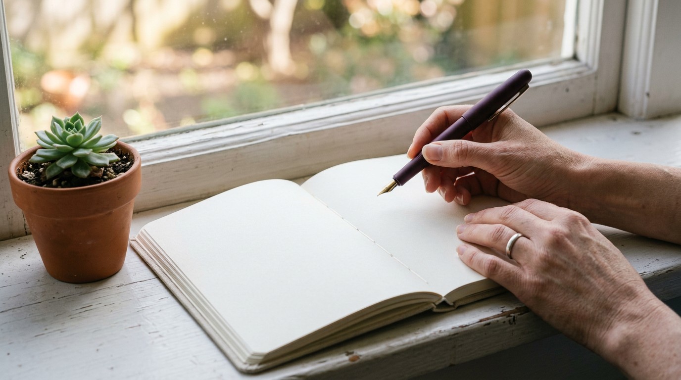 A blank open journal on a windowsill, used to track mood changes in depression and perimenopause.