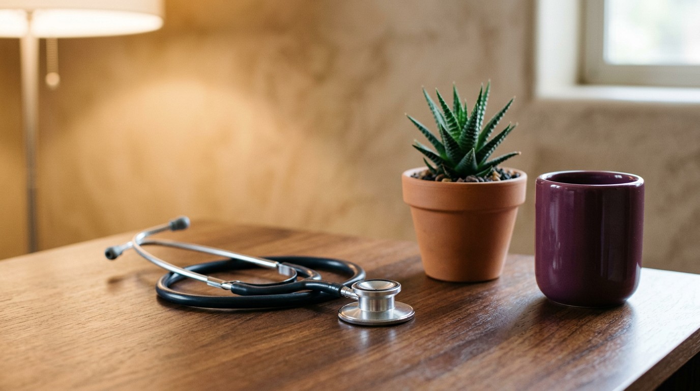 A stethoscope and a plant on a bare consulting room desk, where perimenopause and bleeding after intercourse gets examined.