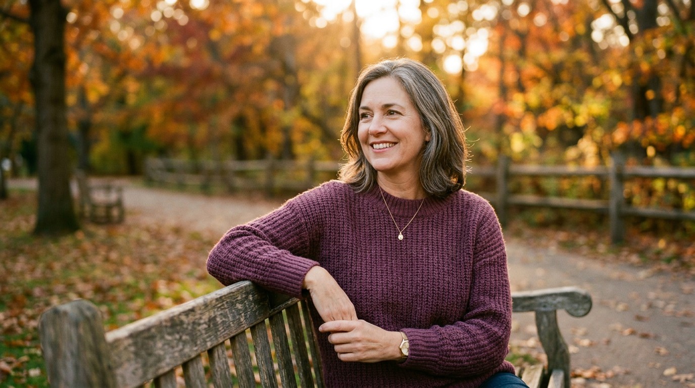 Woman in her forties outdoors in autumn, where natural relief for hot flashes means talking therapy.