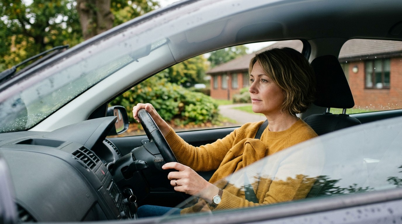 Woman sitting in a parked car after an appointment about symptoms of ovarian cancer after menopause