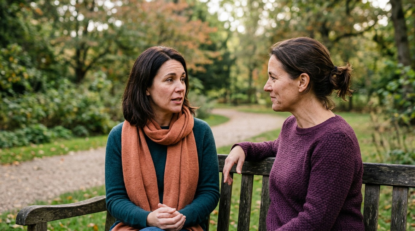 Two friends in their forties talk on a park bench about depression and perimenopause.